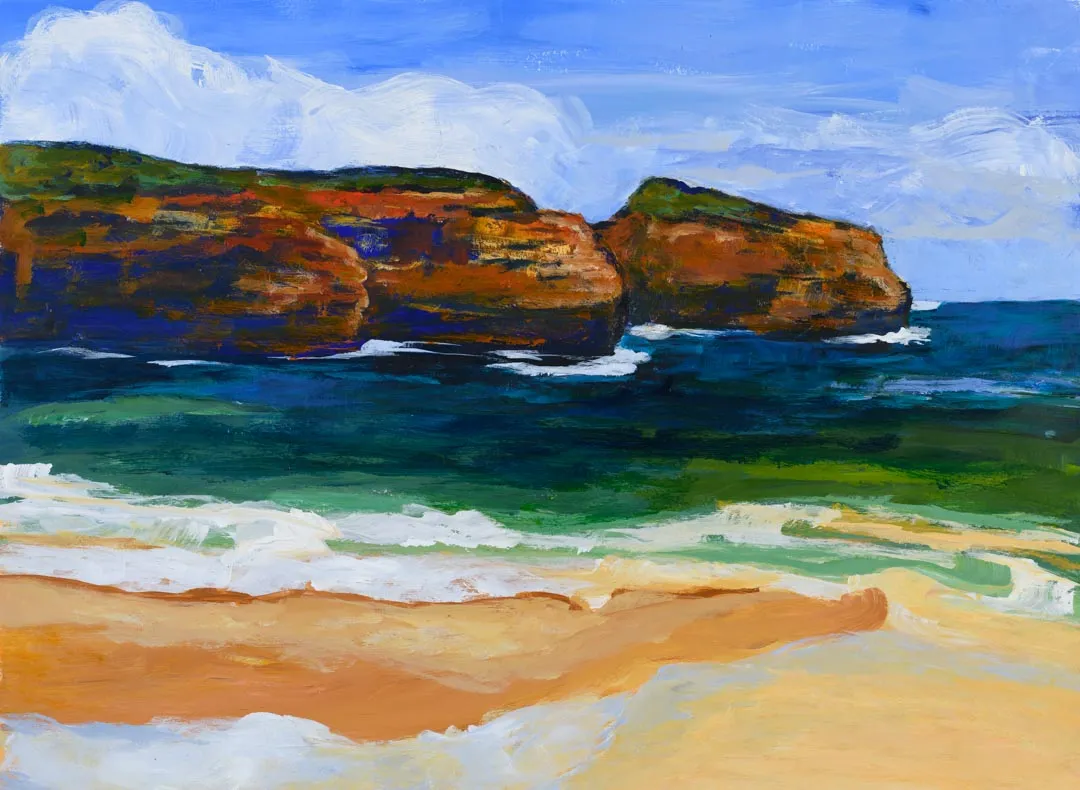 Tide's In is an expressive acrylic painting by artist Kathy Fahey depicting the incoming tide on an isolated beach.