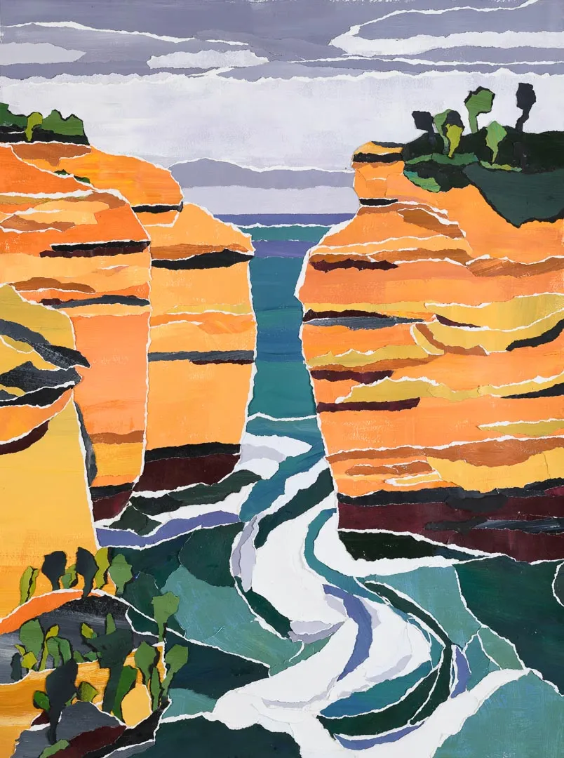 Loch Ard Gorge is a large hand painted collage of one of the iconic coastal features of South Victoria.  It is a depiction of  rugged headlands and the turbulent Southern Ocean